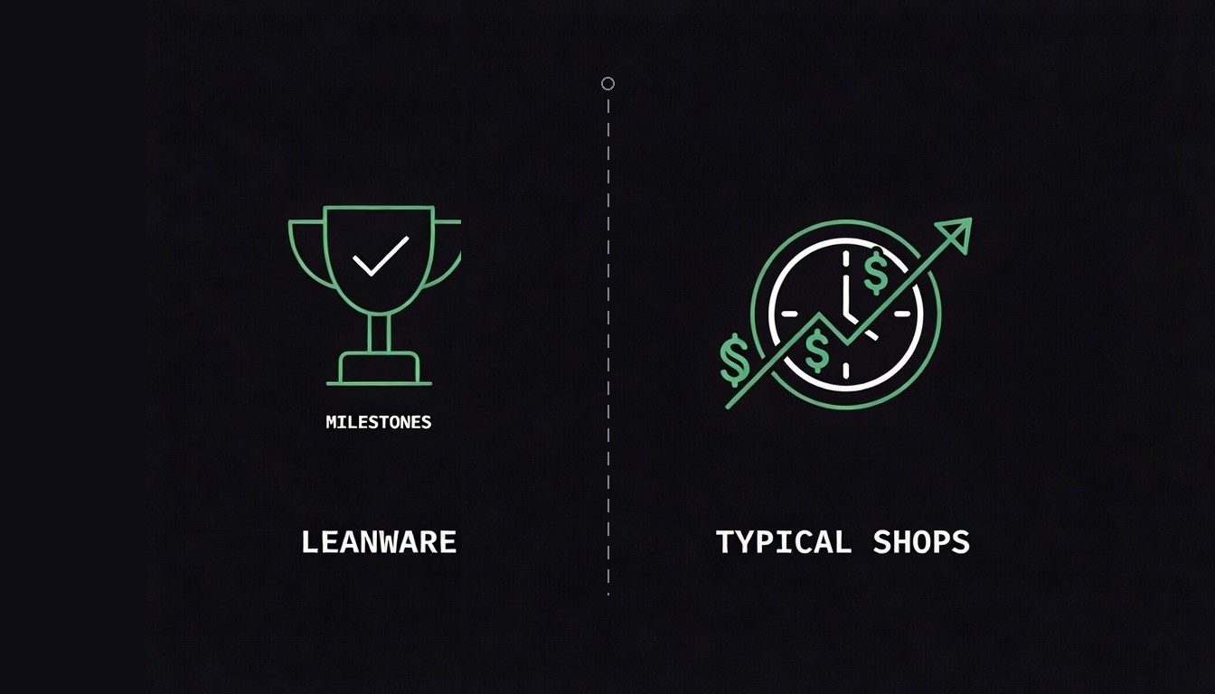 On the left, a trophy with a check mark labelled MILESTONES under a LEANWARE caption. On the right, a clock surrounded by dollar signs with a rising arrow, labelled TYPICAL SHOPS, suggesting hourly billing that grows over time.