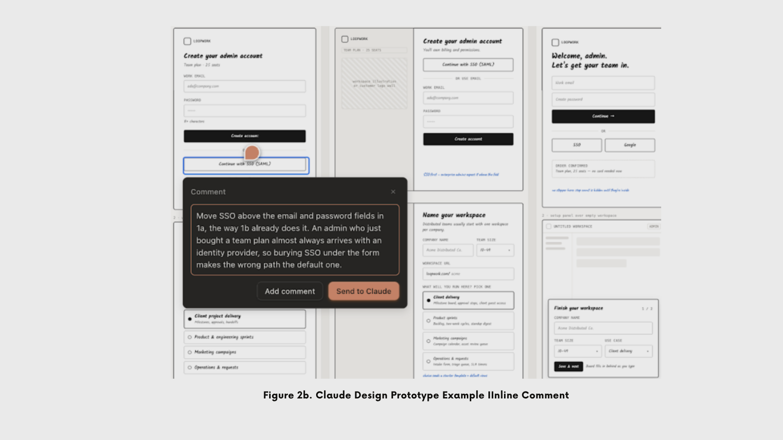 Claude Design canvas with the SSO button selected and an open inline comment to move SSO above the email and password fields in the Loopwork sign-up screen. September 2026.