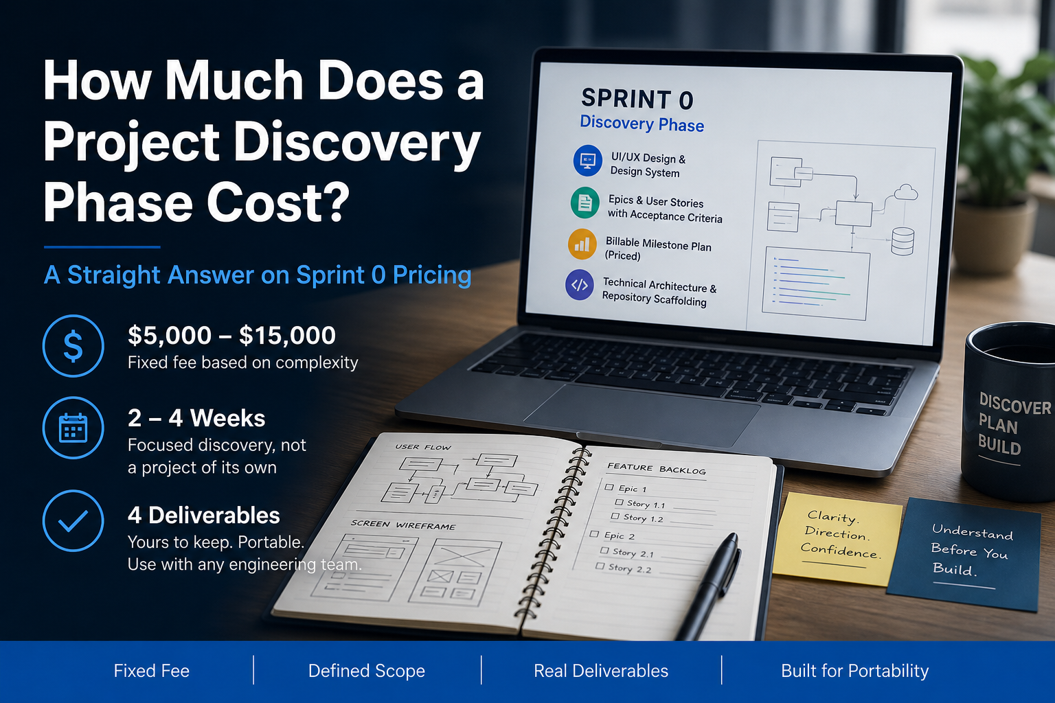Sprint 0 discovery phase pricing summary: $5,000 to $15,000 fixed fee based on complexity, 2 to 4 weeks, and four deliverables the client keeps (UI/UX design and design system, epics and user stories with acceptance criteria, priced billable milestone plan, technical architecture and repository scaffolding), portable to any engineering team.