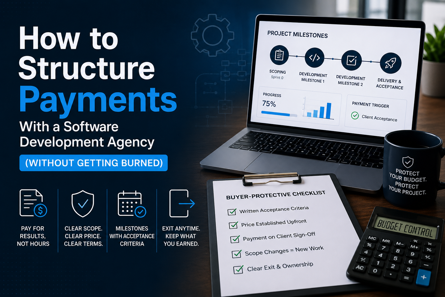 Cover graphic for structuring payments with a software development agency: a laptop showing a project milestone timeline from scoping (Sprint 0) through development milestones to delivery and acceptance, with payment triggered by client acceptance, next to a buyer-protective checklist listing written acceptance criteria, price established upfront, payment on client sign-off, scope changes as new work, and clear exit and ownership.